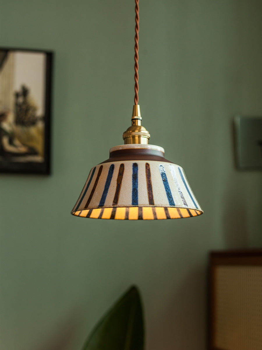 Chinese Retro Tea Room Ceramic Pendant Lamp with Underglaze Color, Ancient Style Nostalgic Cottage Bedside and Dining Pendant Light