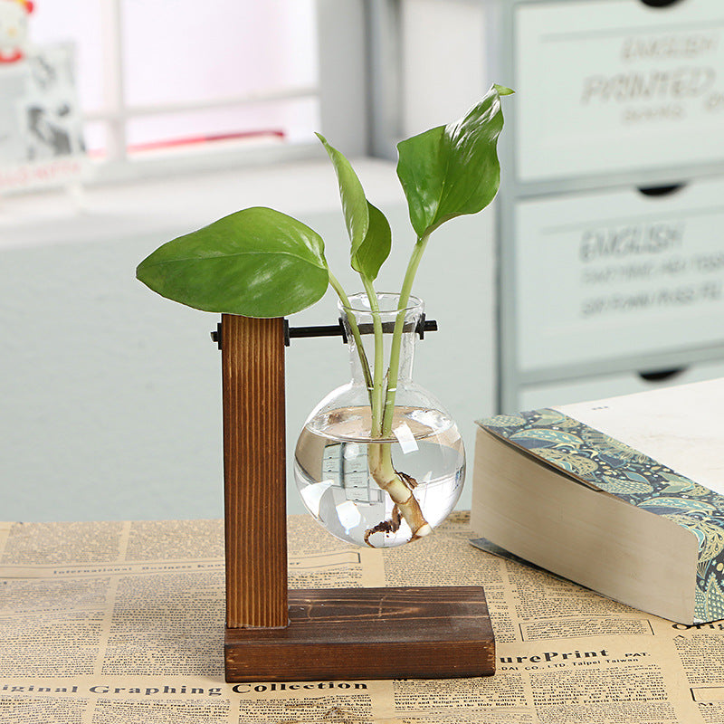 Simple glass bottle wooden frame transparent vase desktop decoration
