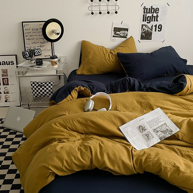 Japanese Solid Color Double Spliced Washed Cotton Four-Piece Set Minimalist Style Quilt Cover Bed Sheet Fitted Sheet Dormitory Bedding Three-Piece Set Wholesale