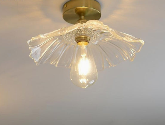 Retro brass glass lamp with green lotus leaf ceiling light
