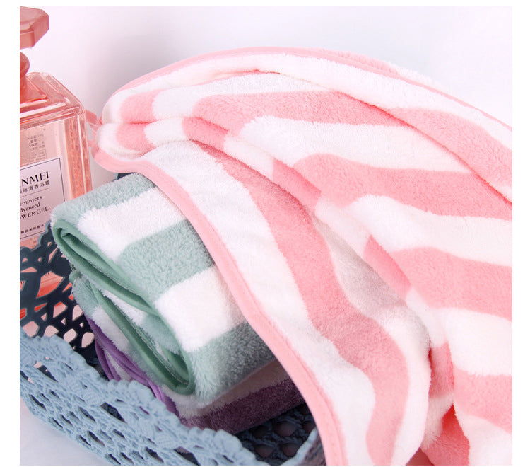 Coral Fleece Towel Thickened Absorbent Striped Edge Towel - Velora Home Deco