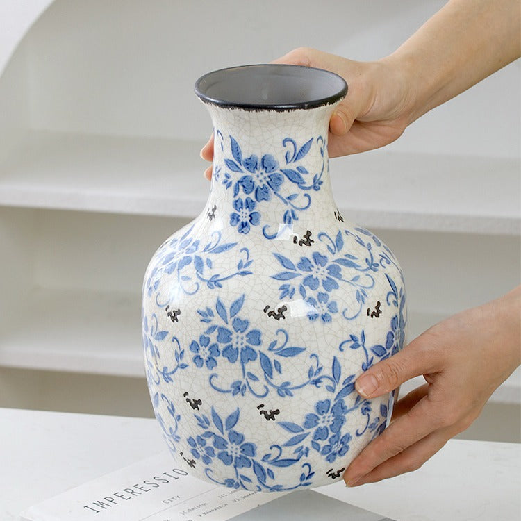 New Chinese style blue and white porcelain ceramic vase vintage ice cracked ornament for living room