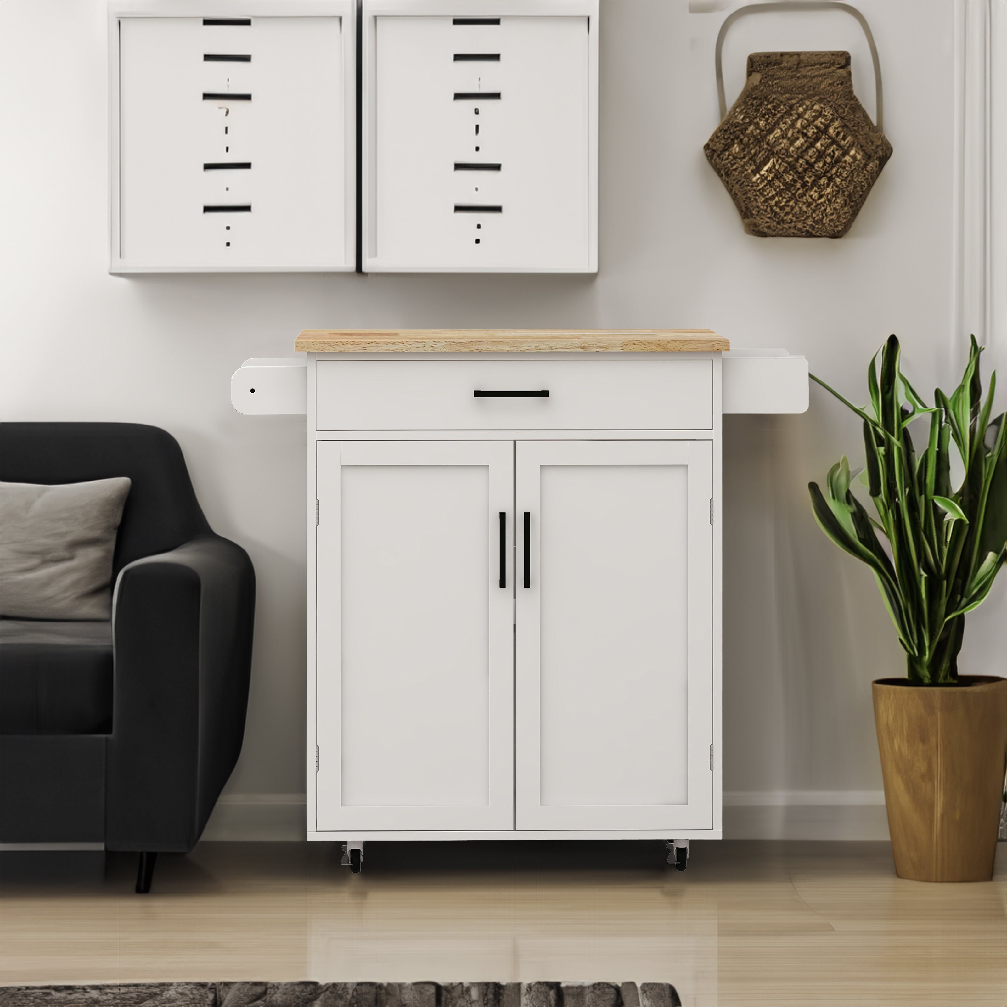 Kitchen island rolling trolley cart with 1 drawer & 2 doors with storage racks & Adjustable Shelves & towel rack - Velora Home Deco
