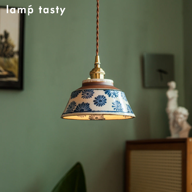 Chinese Retro Tea Room Ceramic Pendant Lamp with Underglaze Color, Ancient Style Nostalgic Cottage Bedside and Dining Pendant Light