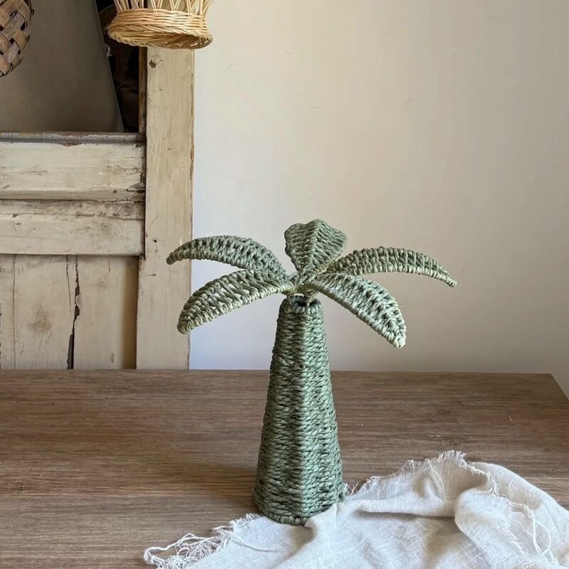 Handwoven Straw Flowers & Coconut Tree Sculpture, Boho Home Decor, Aesthetic Instagram Props for Photography