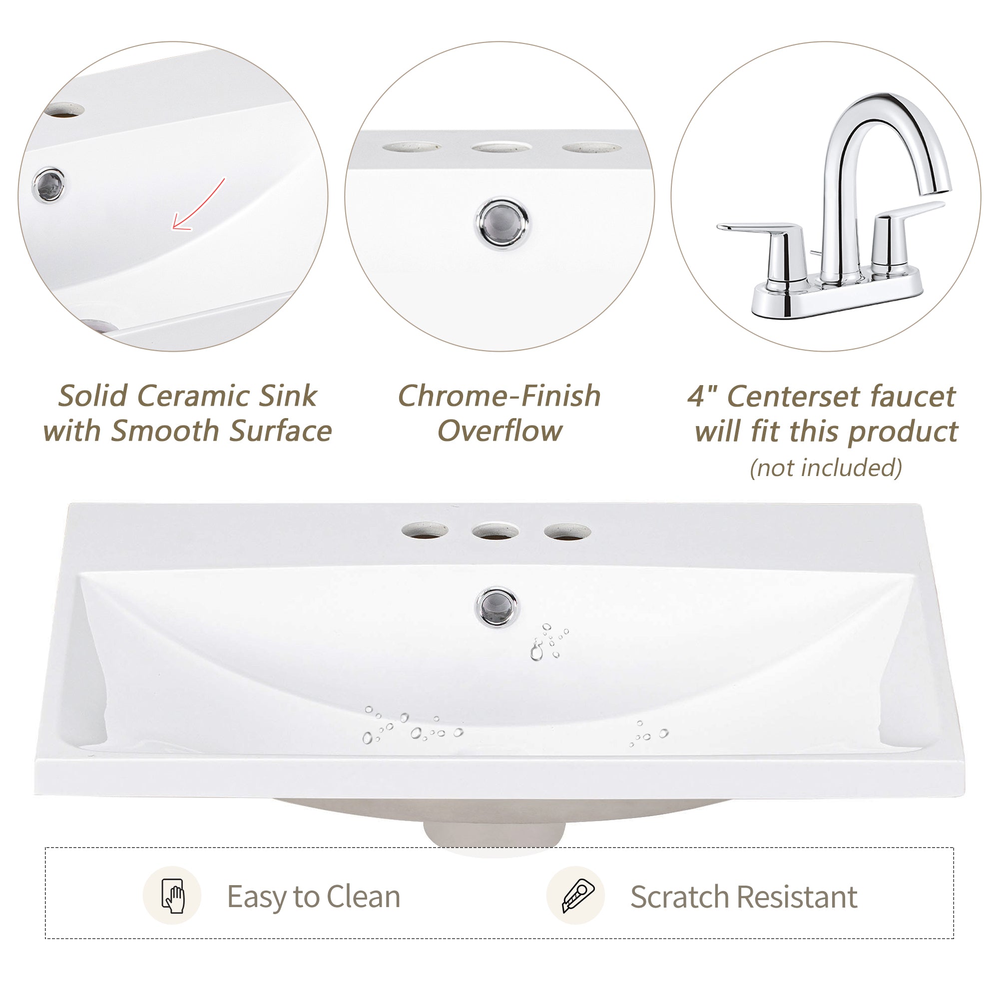24" Bathroom Vanity Top Only White Basin 3-Faucet Holes  4" Faucet Available Ceramic