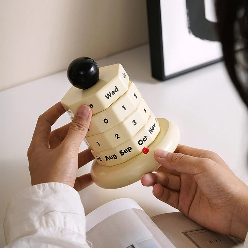Wooden Perpetual Date Rotatable Desk Calendar Blocks Home Decor Cream White Wooden Calendar
