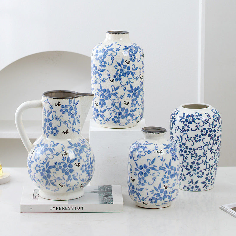 New Chinese style blue and white porcelain ceramic vase vintage ice cracked ornament for living room
