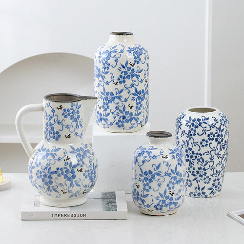 New Chinese style blue and white porcelain ceramic vase vintage ice cracked ornament for living room - Velora Home Deco