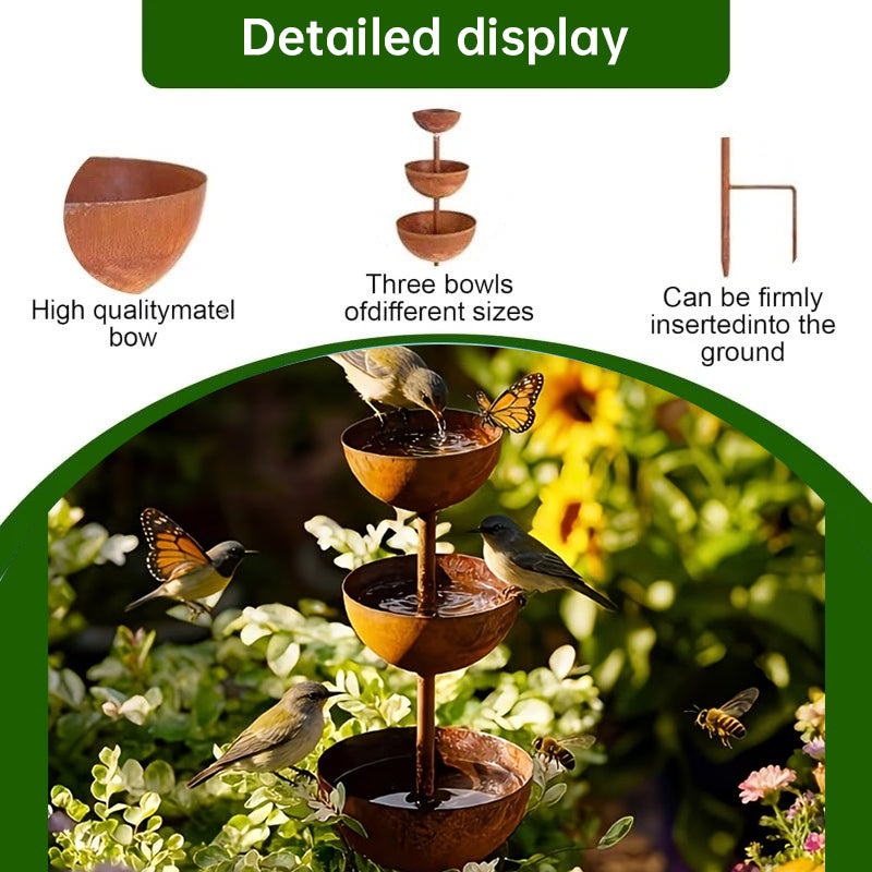 3-Tier Vintage Rustic Metal Bird Watering Station | 3-Tier Rusty Iron Garden Water Collector Feeder, Outdoor Garden Patio Decor