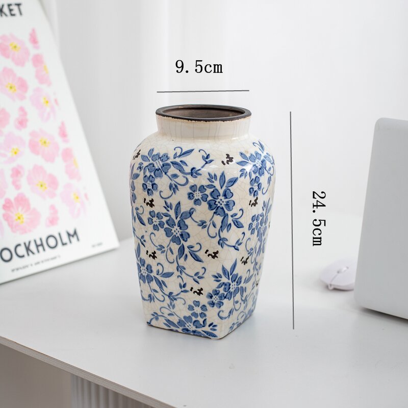 New Chinese style blue and white porcelain ceramic vase vintage ice cracked ornament for living room