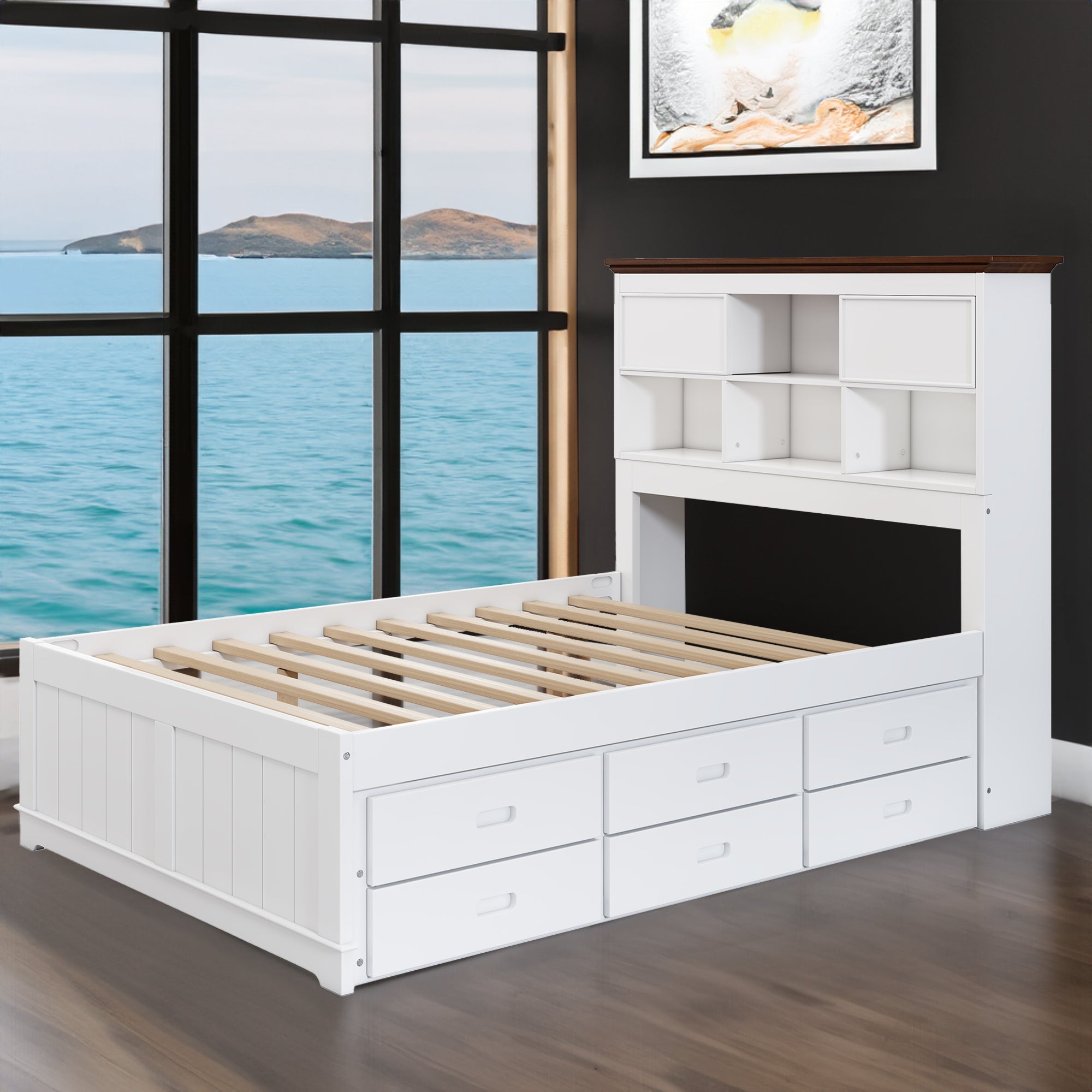 Solid Pine Captain Bookcase Bed with Trundle Bed and 3 Spacious Under Bed Drawers in Casual,Full, White+Walnut - Velora Home Deco