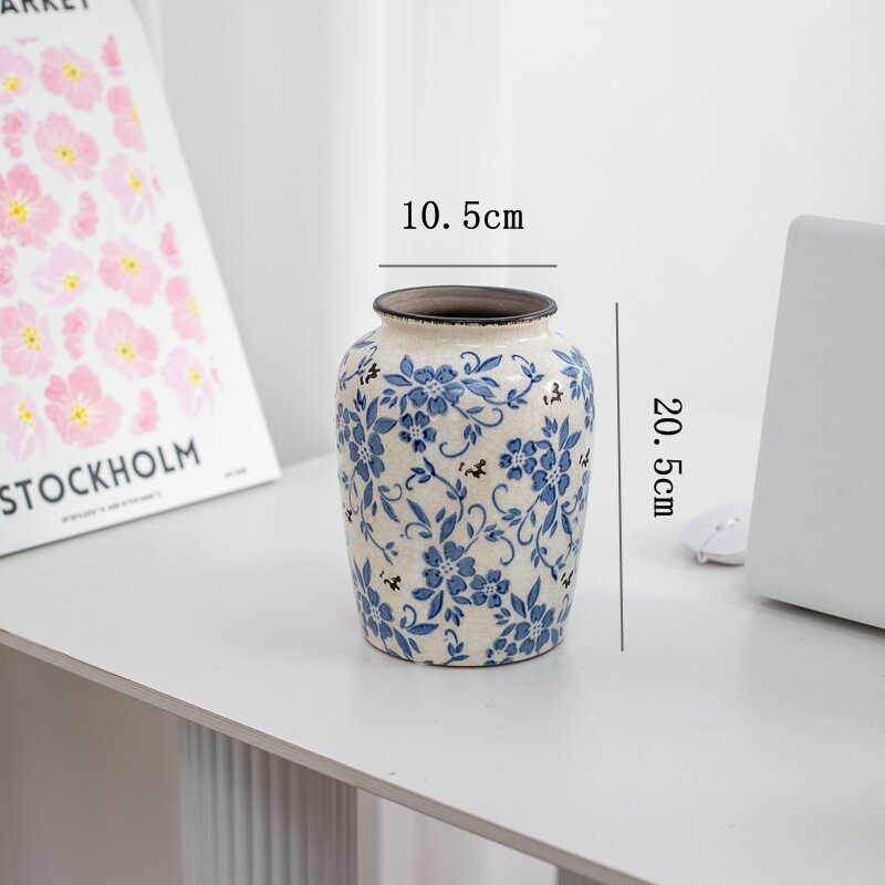 New Chinese style blue and white porcelain ceramic vase vintage ice cracked ornament for living room