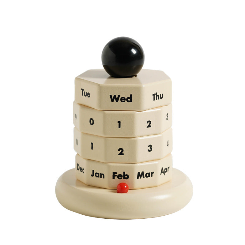 Wooden Perpetual Date Rotatable Desk Calendar Blocks Home Decor Cream White Wooden Calendar