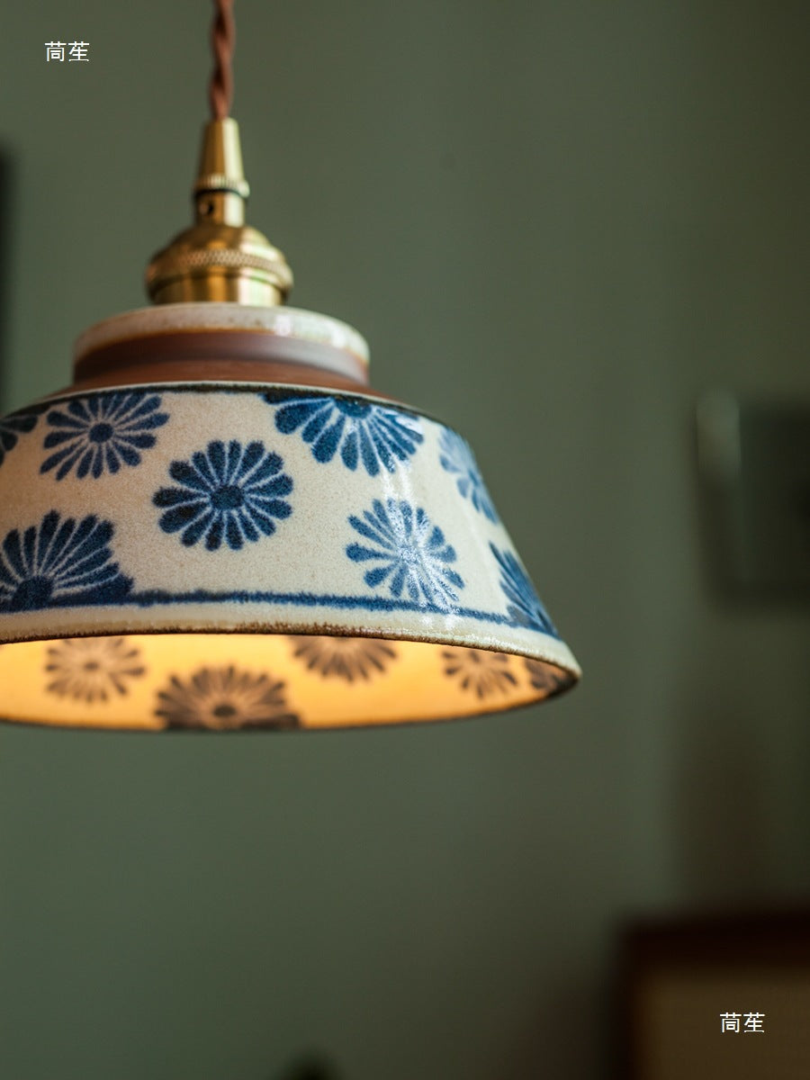 Chinese Retro Tea Room Ceramic Pendant Lamp with Underglaze Color, Ancient Style Nostalgic Cottage Bedside and Dining Pendant Light