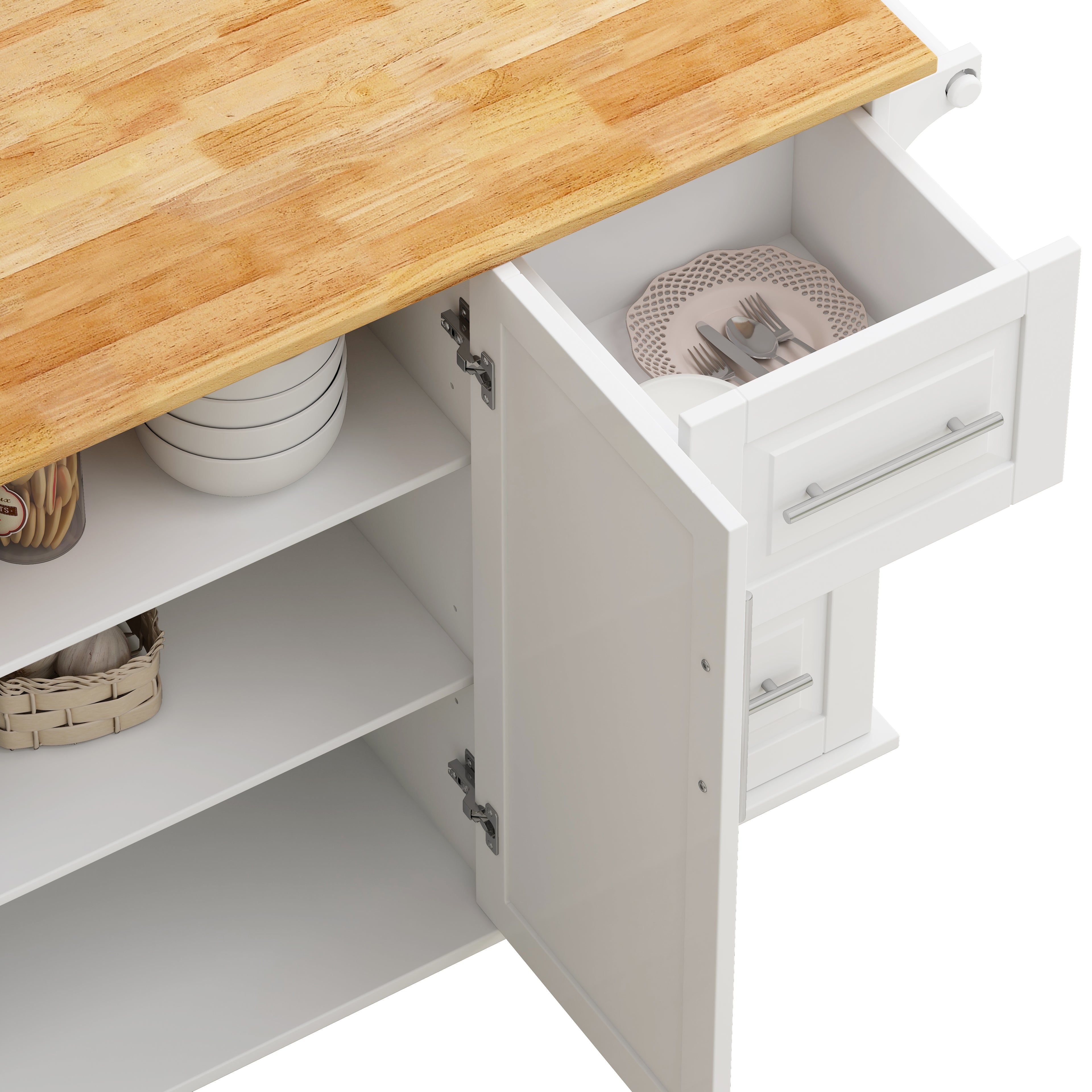 Kitchen Island Cart with 2 Door Cabinet and Three Drawers,43.31 Inch Width with Spice Rack,Towel Rack (White) - Velora Home Deco