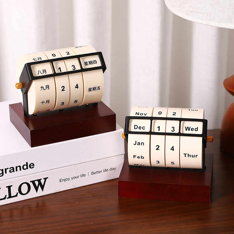 Creative Wooden Desk Calendar with Rotating Perpetual Calendar, Cute Desktop Decor for Office and Home