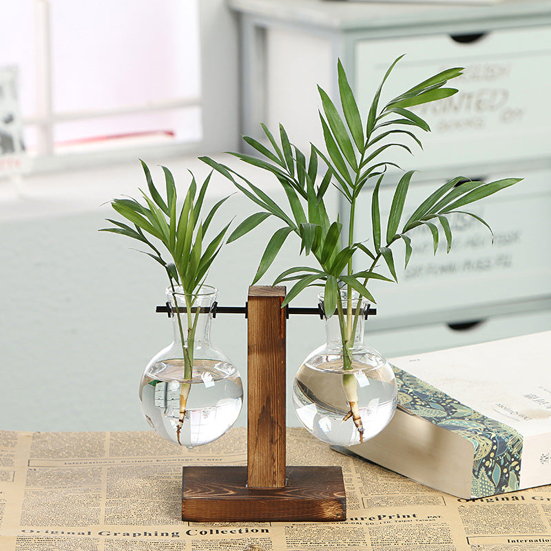 Simple glass bottle wooden frame transparent vase desktop decoration