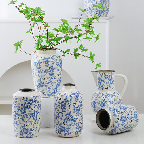 New Chinese style blue and white porcelain ceramic vase vintage ice cracked ornament for living room - Velora Home Deco