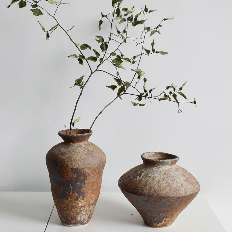 Wabi-Sabi Style Ceramic Vase, Rustic Pottery Flower Vase, Vintage Nostalgic Handmade Decoration for Cottage, Hotel, Zen Display, New Chinese Style