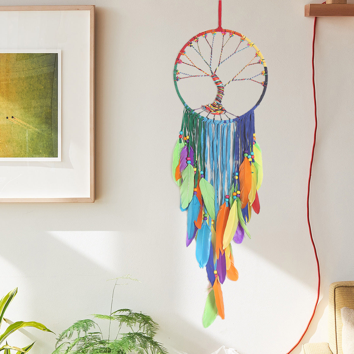Colorful Bohemian Tapestry Home Decor Tree Of Life Hand Woven Colorful Cloth Feather Pendant