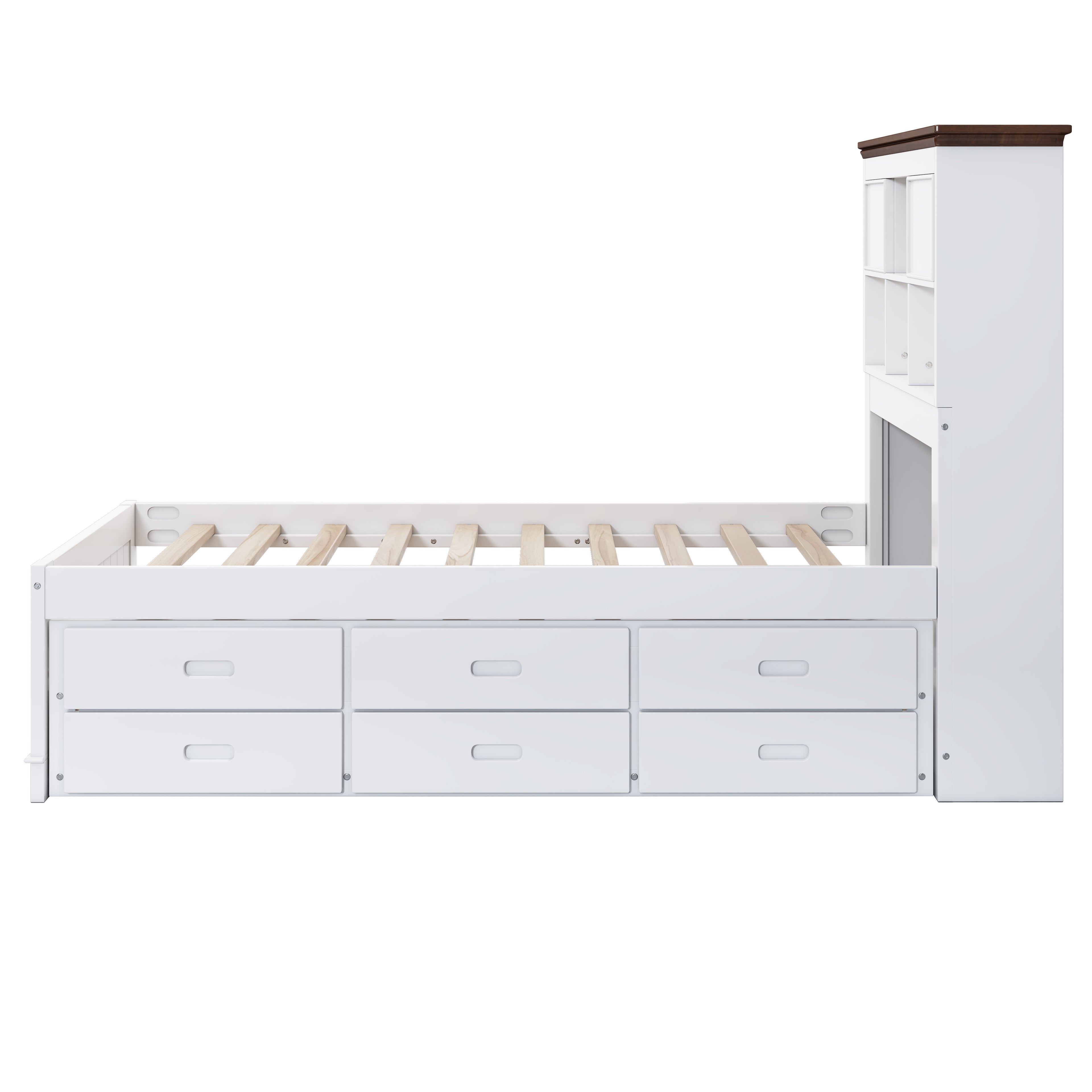 Solid Pine Captain Bookcase Bed with Trundle Bed and 3 Spacious Under Bed Drawers in Casual,Full, White+Walnut - Velora Home Deco