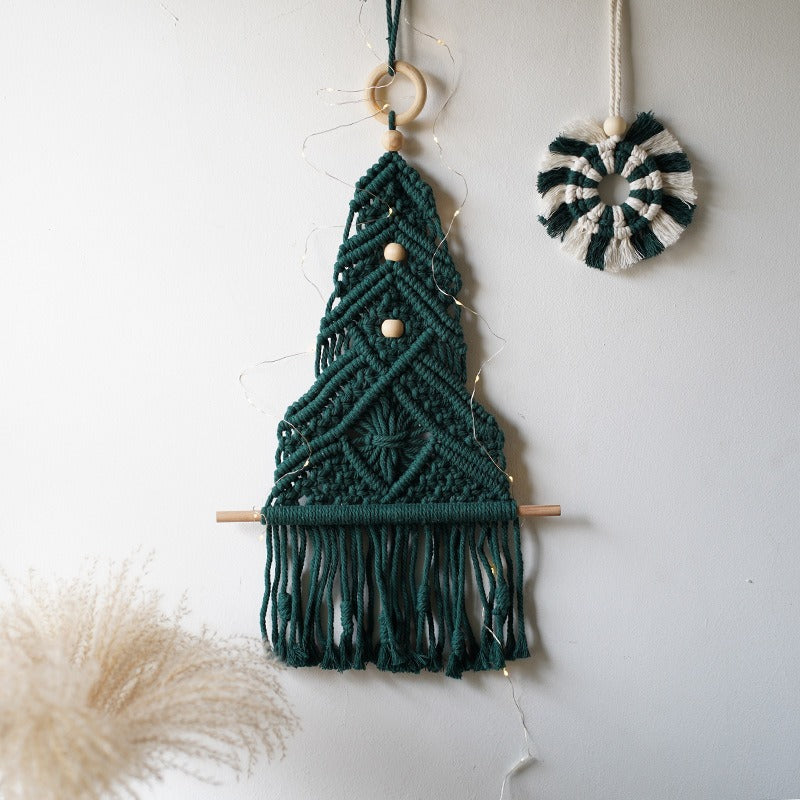 INS Nordic style hand woven dark green Christmas tree pendant Bohemian wall hanging Christmas wall decoration