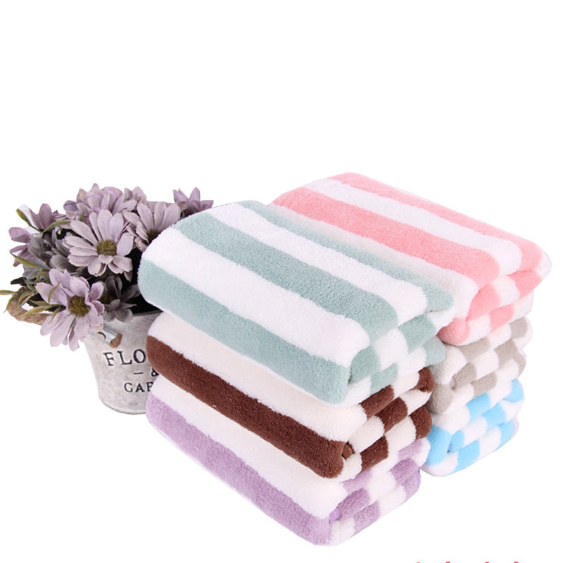 Coral Fleece Towel Thickened Absorbent Striped Edge Towel - Velora Home Deco