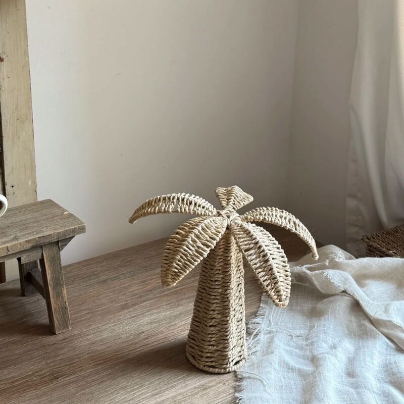 Handwoven Straw Flowers & Coconut Tree Sculpture, Boho Home Decor, Aesthetic Instagram Props for Photography