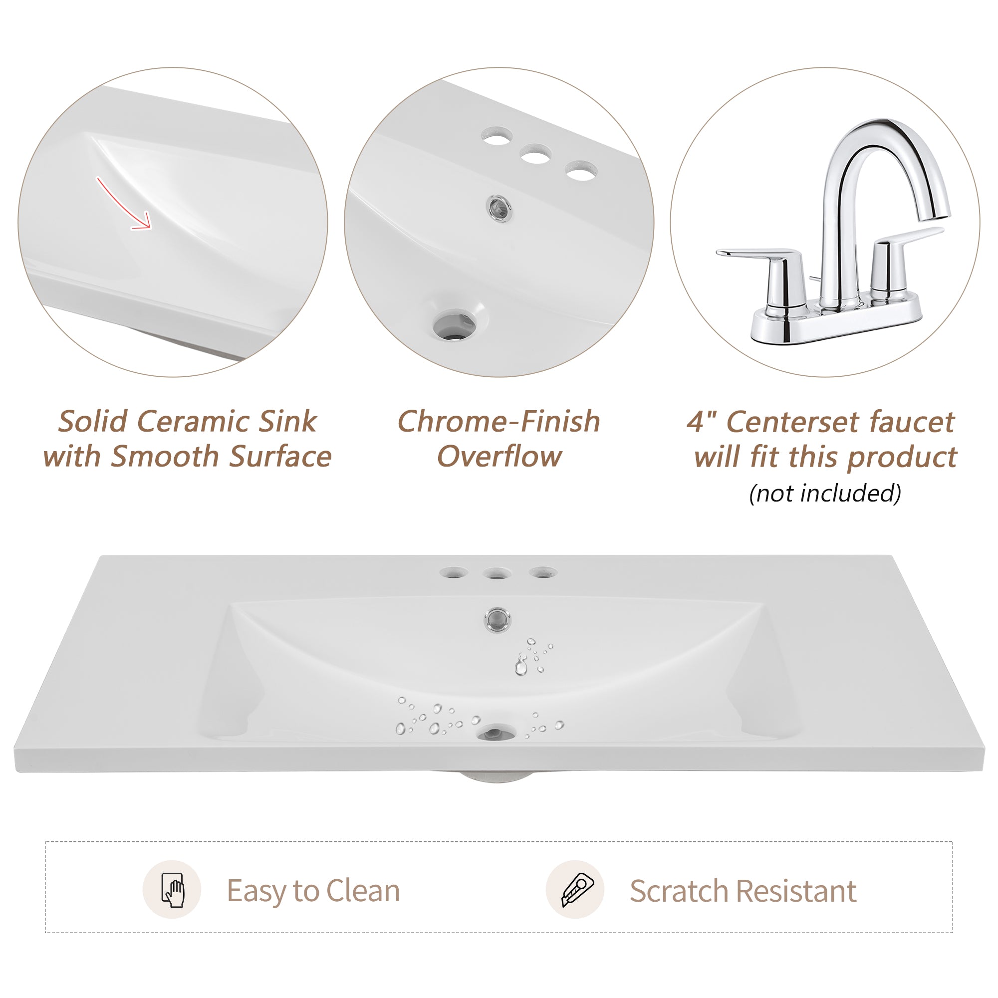 36" Single Bathroom Vanity Top with White Basin  3-Faucet Holes Ceramic  White