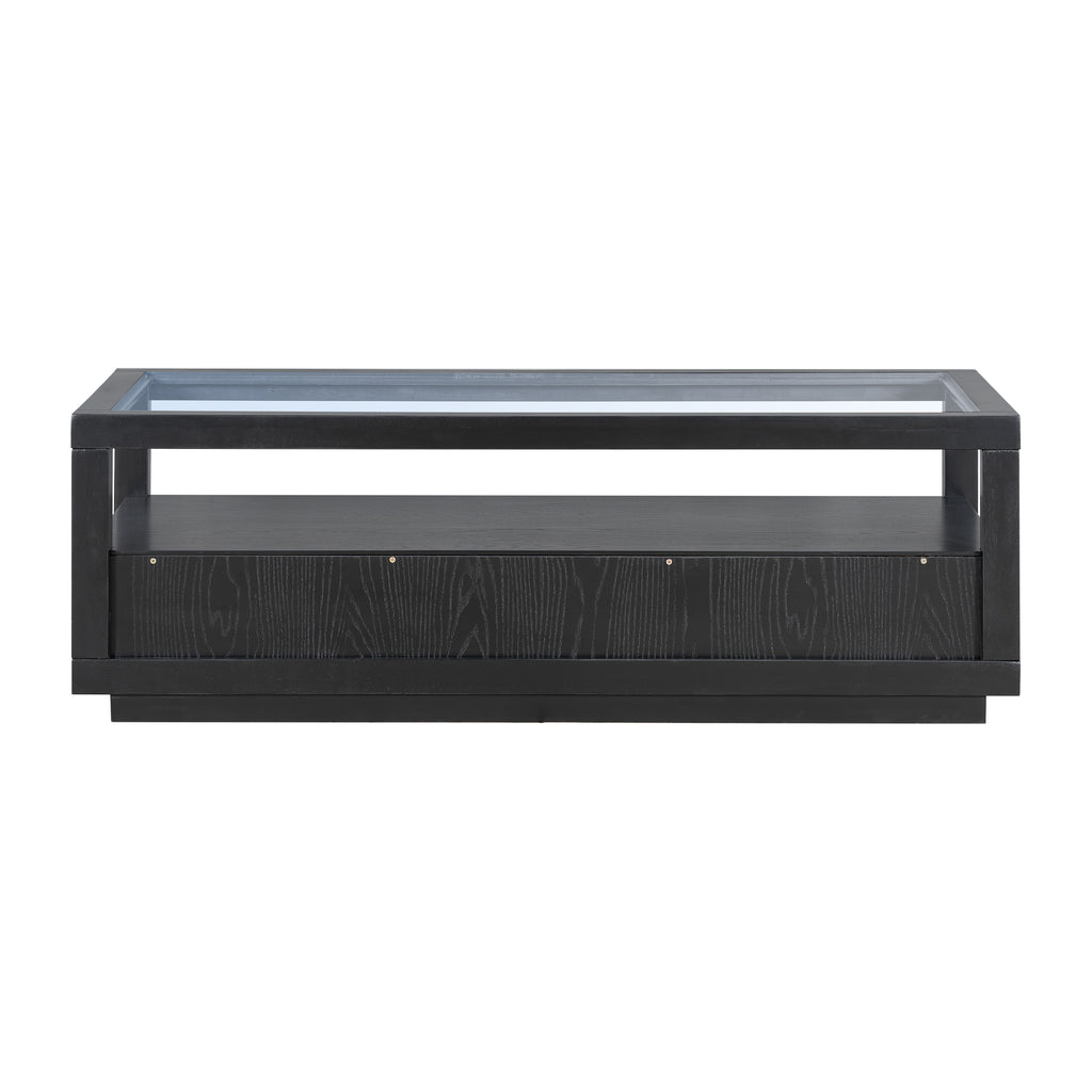U-Can modern wooden coffee table with 2 drawers and minimalist display coffee table with transparent tempered glass