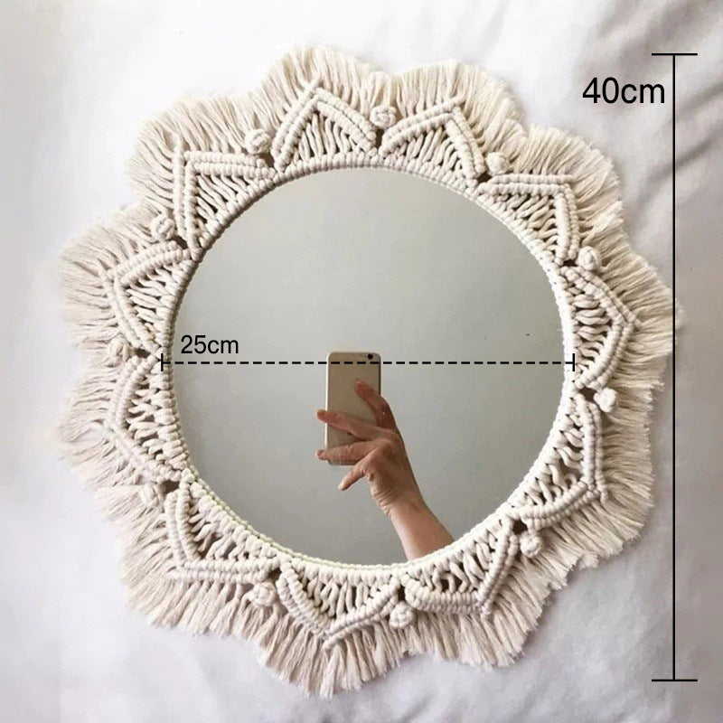 Ins Original Nordic Mirror Decoration Bohemian Weaving Handmade Cotton Thread Wood Bead Tapestry Mirror Bedroom