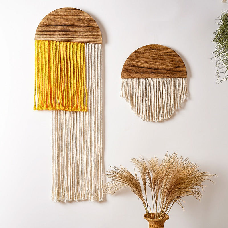 New modern minimalist tassel tapestry for Bohemian homestay living room decoration Handmade semi circular wooden tapestry