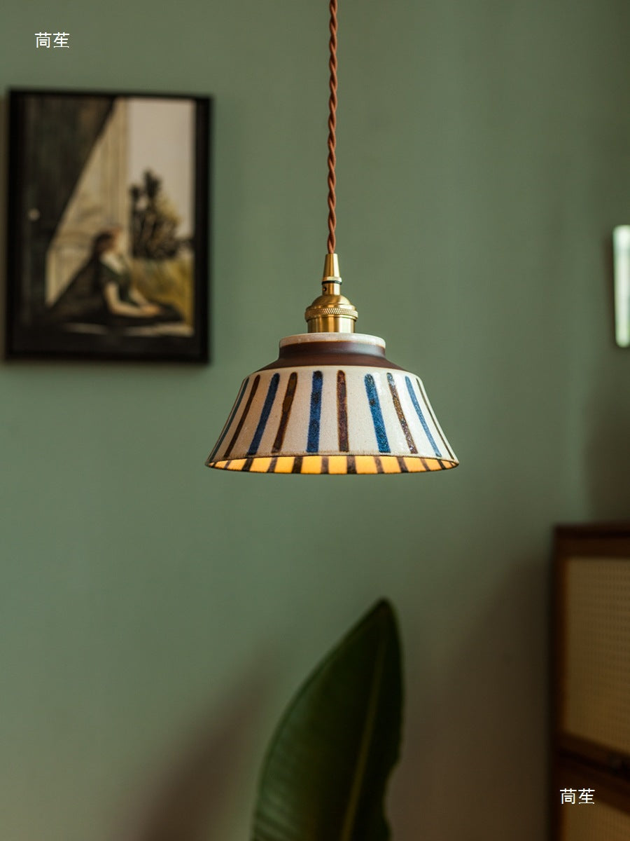 Chinese Retro Tea Room Ceramic Pendant Lamp with Underglaze Color, Ancient Style Nostalgic Cottage Bedside and Dining Pendant Light