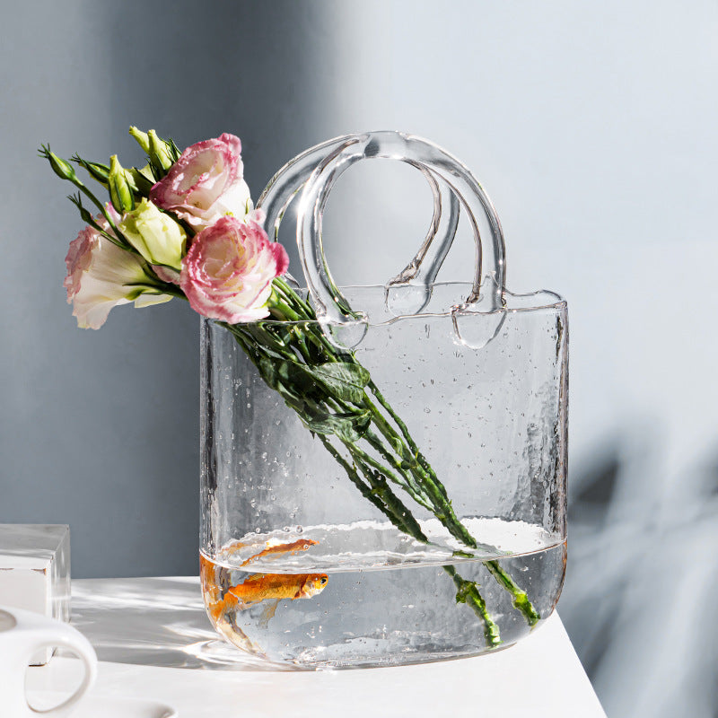 Nordic net red bag, glass vase, portable blue primary color decoration, creative light luxury living room water culture flower arrangement decoration