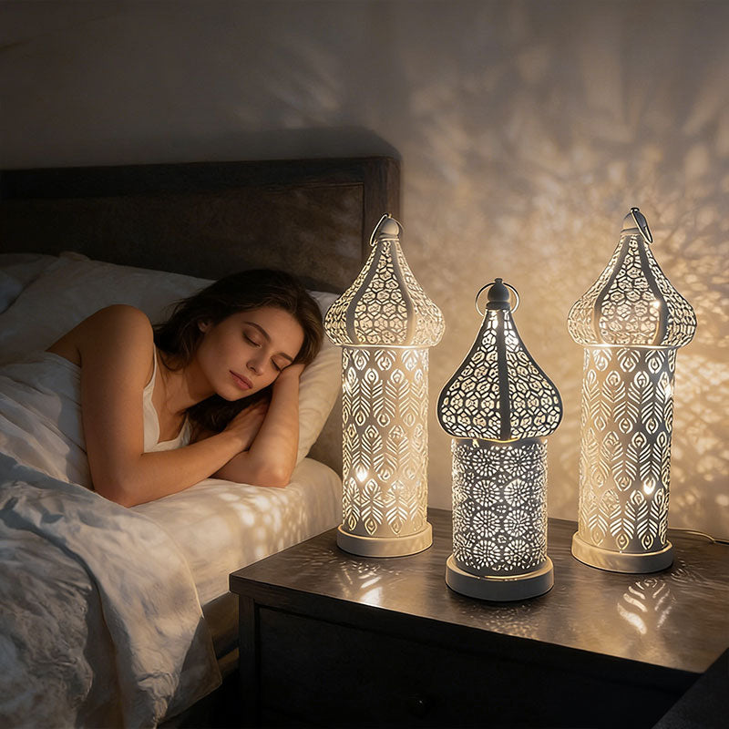 Moroccan-style Wrought Iron Decorative Lamp, Battery-operated LED Night Light, Vintage Mosque Lamp for Ramadan Events.
