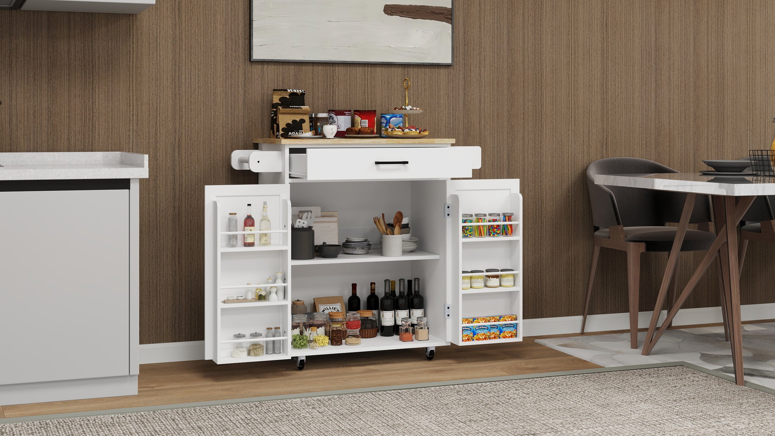 Kitchen island rolling trolley cart with 1 drawer & 2 doors with storage racks & Adjustable Shelves & towel rack - Velora Home Deco