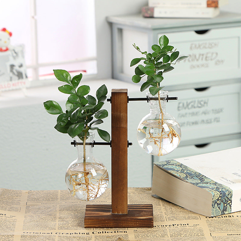 Simple glass bottle wooden frame transparent vase desktop decoration