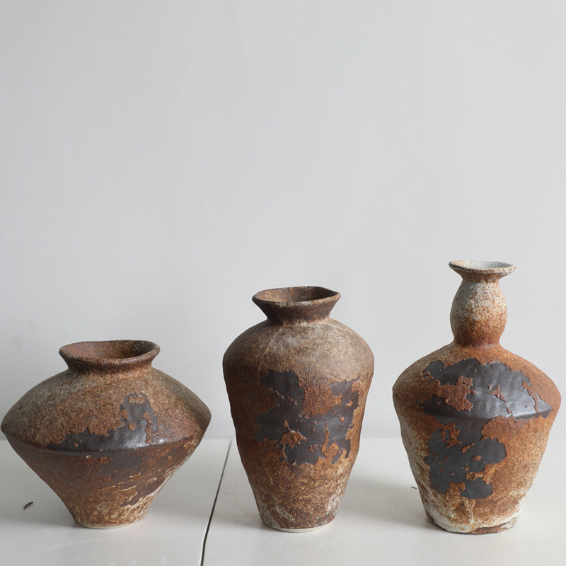 Wabi-Sabi Style Ceramic Vase, Rustic Pottery Flower Vase, Vintage Nostalgic Handmade Decoration for Cottage, Hotel, Zen Display, New Chinese Style
