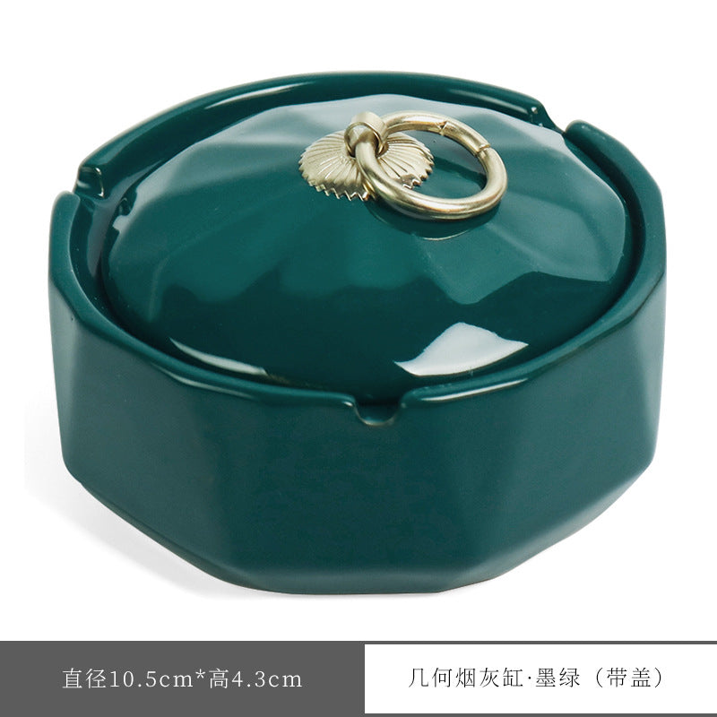 Simple ashtray with lid to prevent fly ash, suitable for home and office use, new Chinese style ceramic living room decoration, creative coffee table.