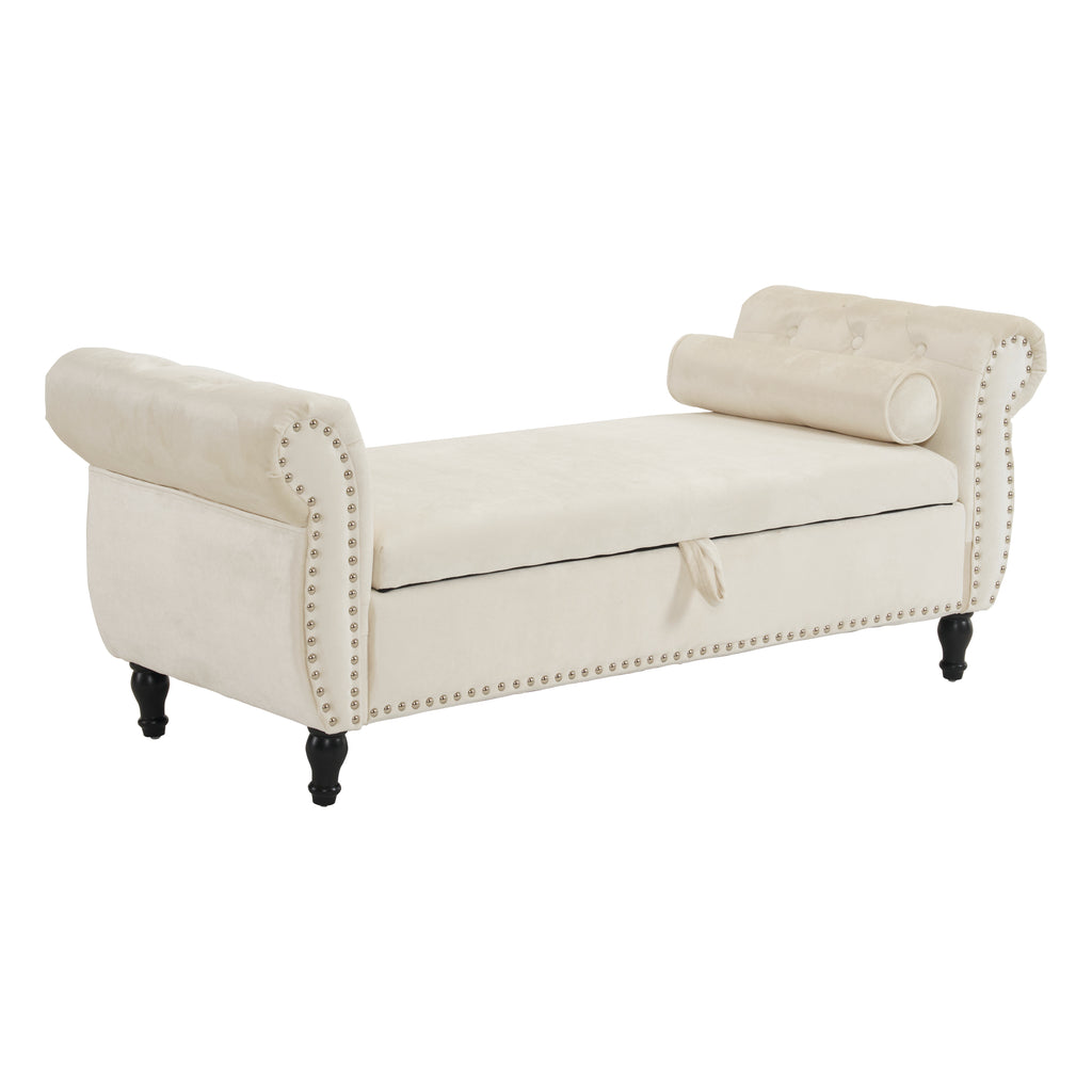 Velvet Multifunctional Storage Rectangular ottoman bench with 1 Pillow, Beige