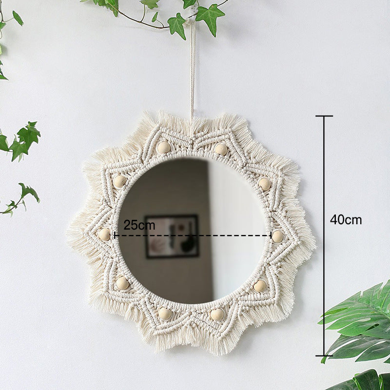 Ins Original Nordic Mirror Decoration Bohemian Weaving Handmade Cotton Thread Wood Bead Tapestry Mirror Bedroom