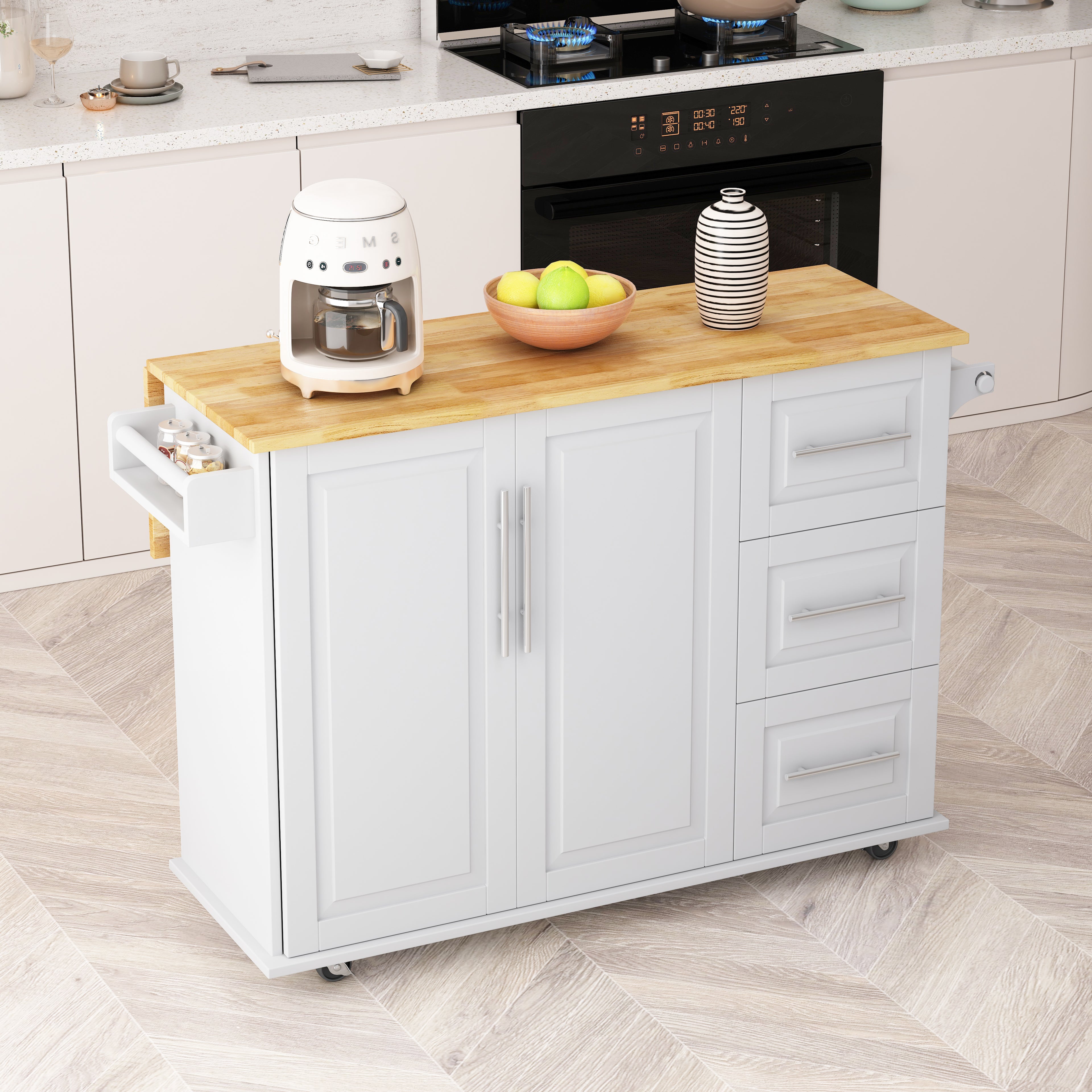 Kitchen Island Cart with 2 Door Cabinet and Three Drawers,43.31 Inch Width with Spice Rack,Towel Rack (White) - Velora Home Deco
