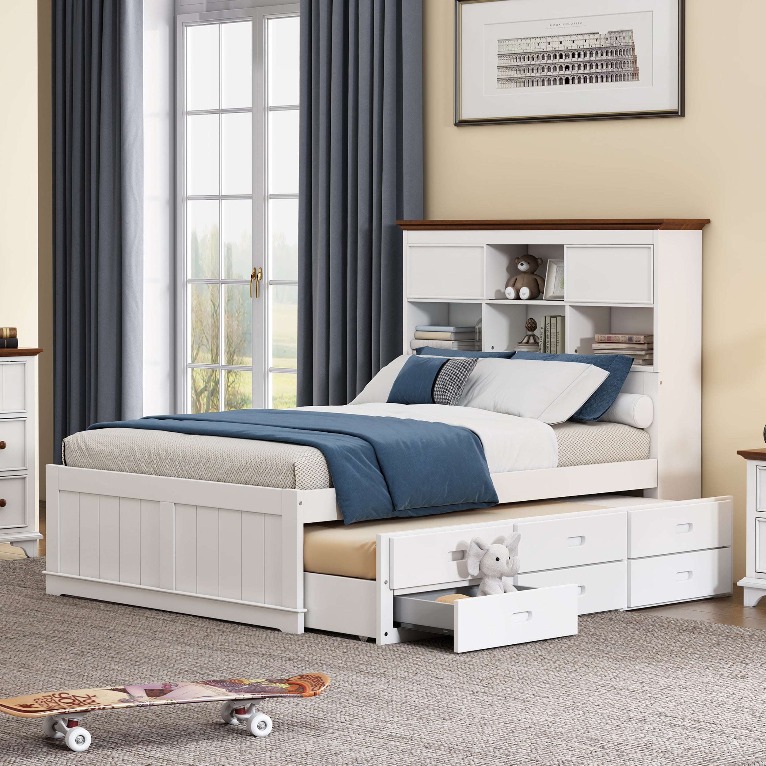 Solid Pine Captain Bookcase Bed with Trundle Bed and 3 Spacious Under Bed Drawers in Casual,Full, White+Walnut - Velora Home Deco