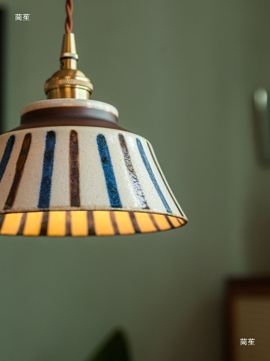 Chinese Retro Tea Room Ceramic Pendant Lamp with Underglaze Color, Ancient Style Nostalgic Cottage Bedside and Dining Pendant Light