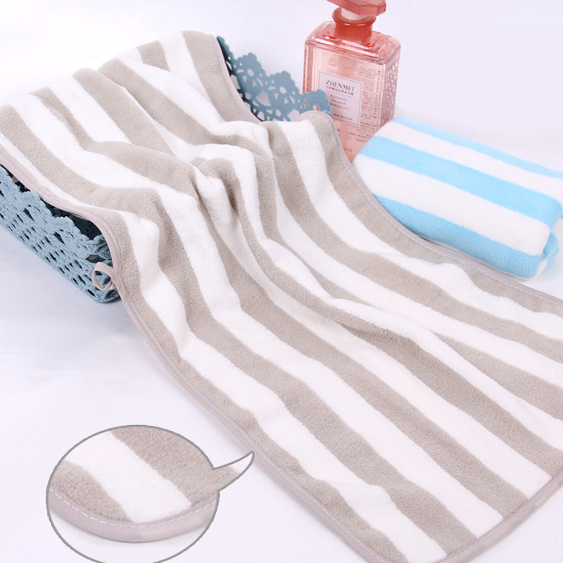 Coral Fleece Towel Thickened Absorbent Striped Edge Towel - Velora Home Deco