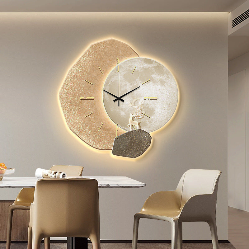 Modern Minimalist Wall Clock with Creative Design for Living Room, Wall Mounted Clock with Lamp and Decorative Art - Velora Home Deco