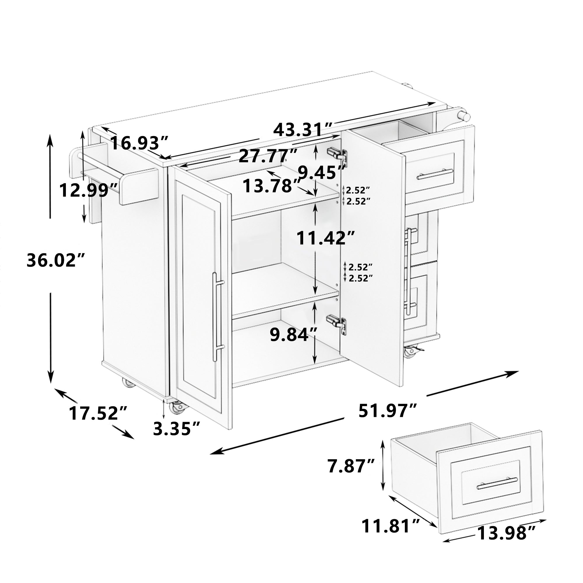 Kitchen Island Cart with 2 Door Cabinet and Three Drawers,43.31 Inch Width with Spice Rack,Towel Rack (White) - Velora Home Deco