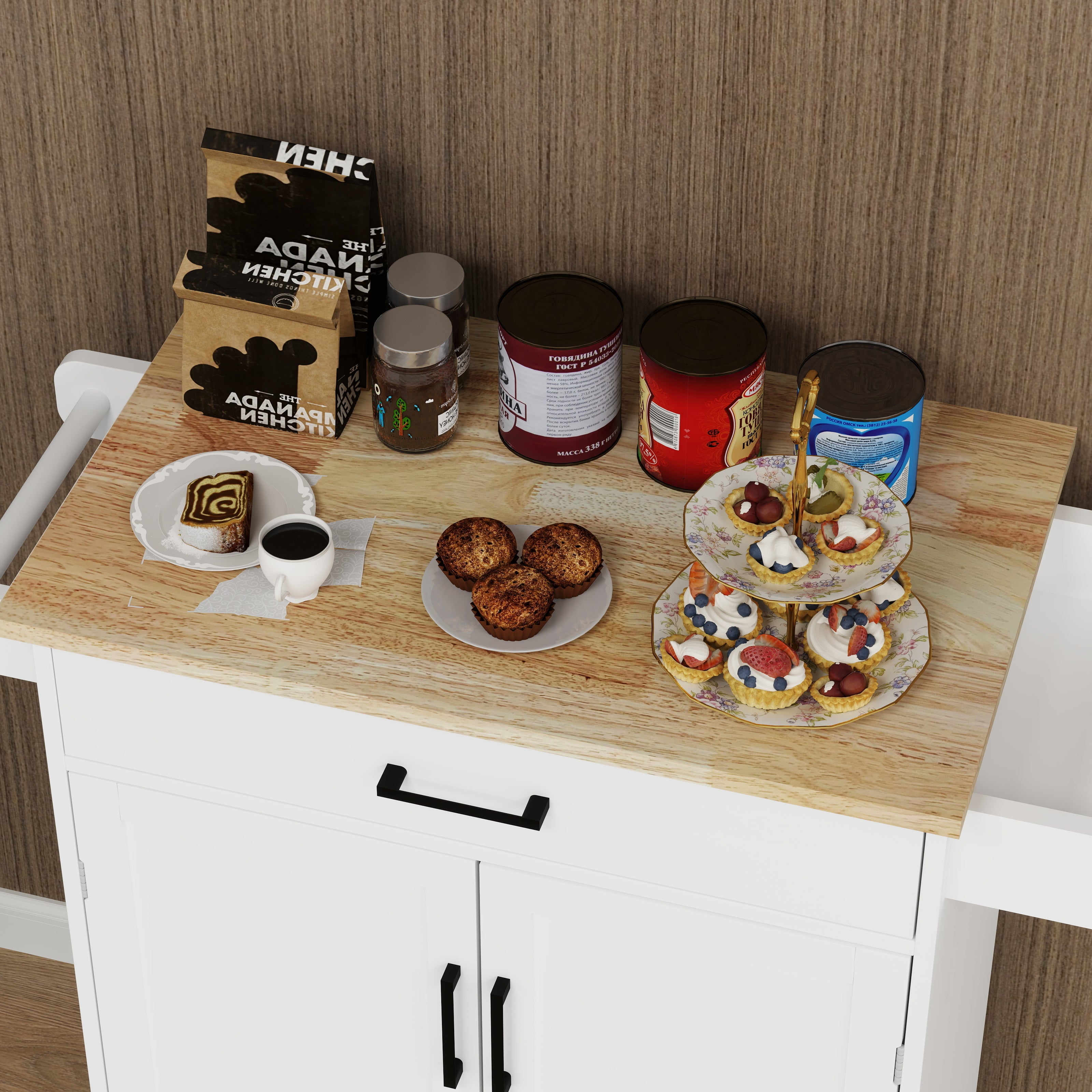 Kitchen island rolling trolley cart with 1 drawer & 2 doors with storage racks & Adjustable Shelves & towel rack - Velora Home Deco