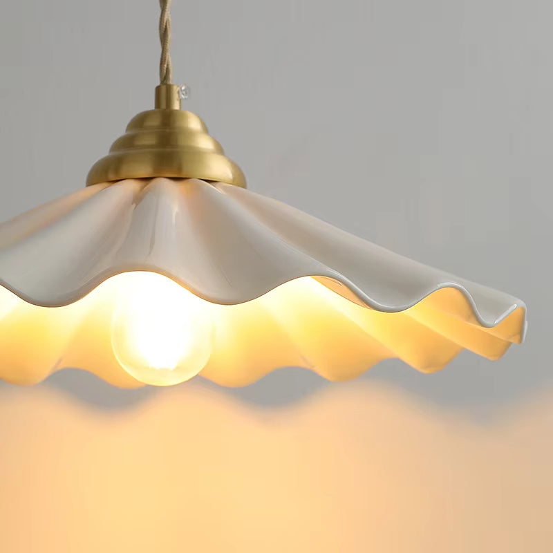 All-Copper Ceramic Floral Pendant Light – Japanese Vintage Chandelier for Bedroom Bedside, Retro Rice-Hat Dining & Bar Table Lam